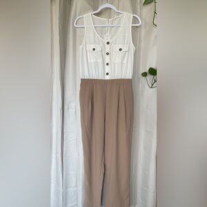 Mine White and Brown Sleeveless Jumpsuit